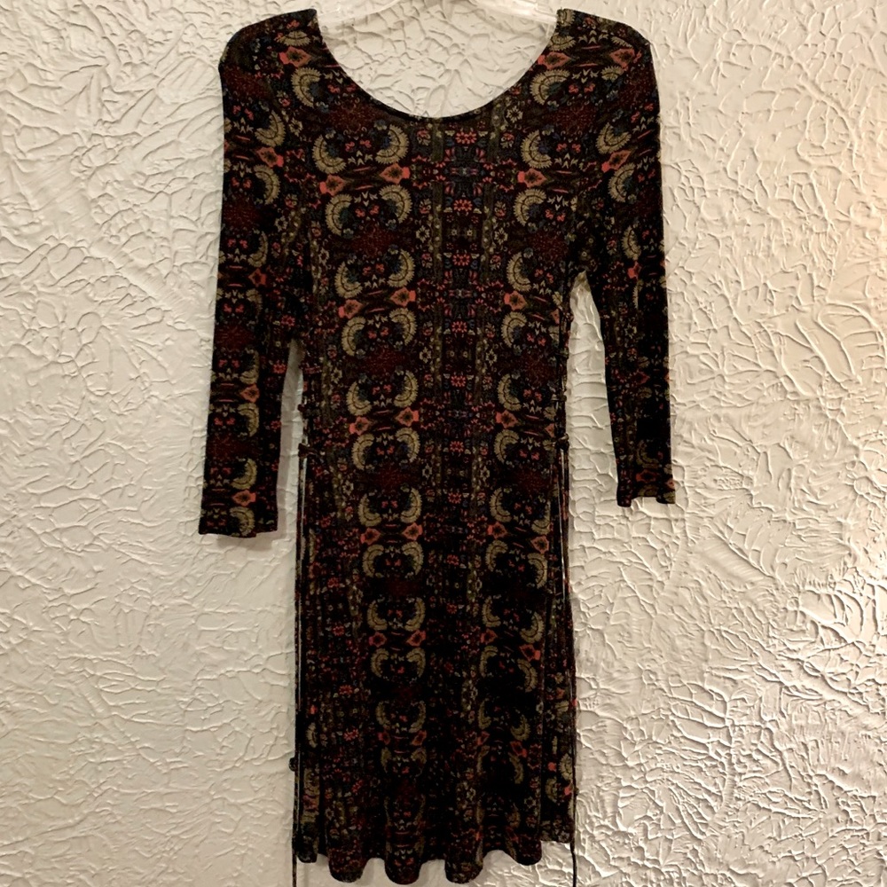 Sea Gypsies Boho Side Lace Up Black & Green Tunic Dress Size Small
